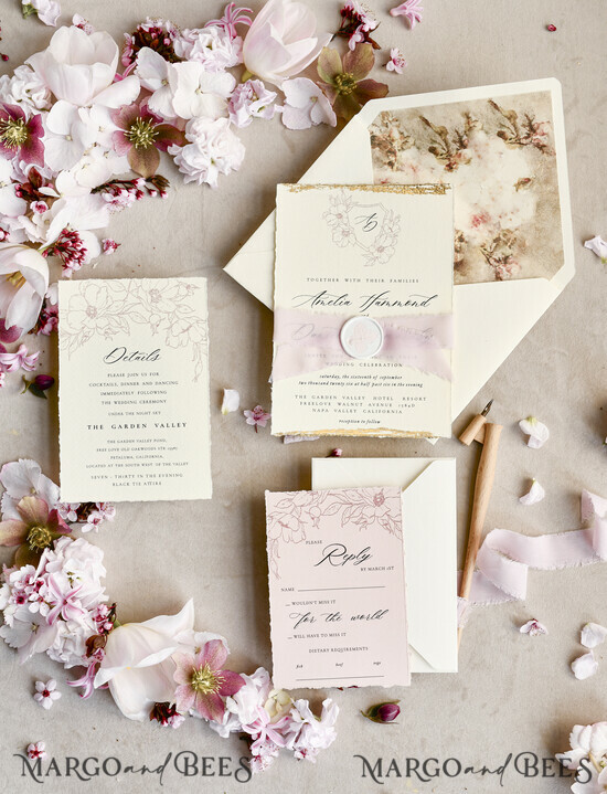 WEDDING INVITATIONS modern calligraphy / fine art Sage green  Fine Art Wedding Invitations with Gold Leaf, Deckled Edges, RSVP  qr code Silk Ribbon Bespoke Elegant Wedding Suite 01/DEsuH/z