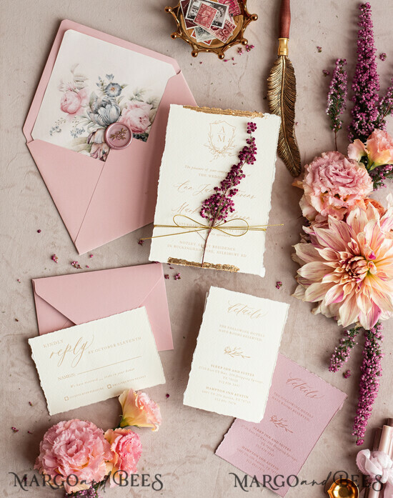 WEDDING INVITATIONS modern calligraphy / fine art Fine Art Ivory Gold Wedding Invitation, Real heather Floral Wedding Invitation, French Provence Invitation suite, Wreath Monogram wedding invitation suite, Deckled Edge Invites, Torn Edge Wedding Invitations golden, Fine Art Wedding Invitation Suite, Deckled Edge Paper 02/DEsu/z