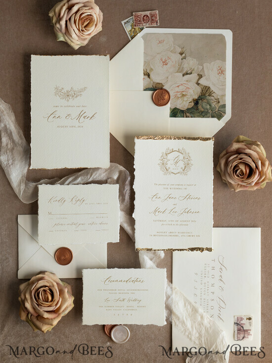 WEDDING INVITATIONS modern calligraphy / fine art Ivory Gold Wedding Invitation, Floral Wedding Invitation, Tuscany Italian Invitation suite, Wreath Monogram wedding invitation suite, Deckled Edge Invites, Torn Edge Wedding Invitations golden, Fine Art Wedding Invitation Suite, Deckled Edge Paper 11/DEsu/z