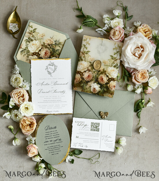 WEDDING INVITATIONS modern calligraphy / fine art Sage Green Fine Art Wedding Invitations – Deckled Edge Invitations with Silk Ribbon, Wax Seal & RSVP Options 03/DEsuH/z