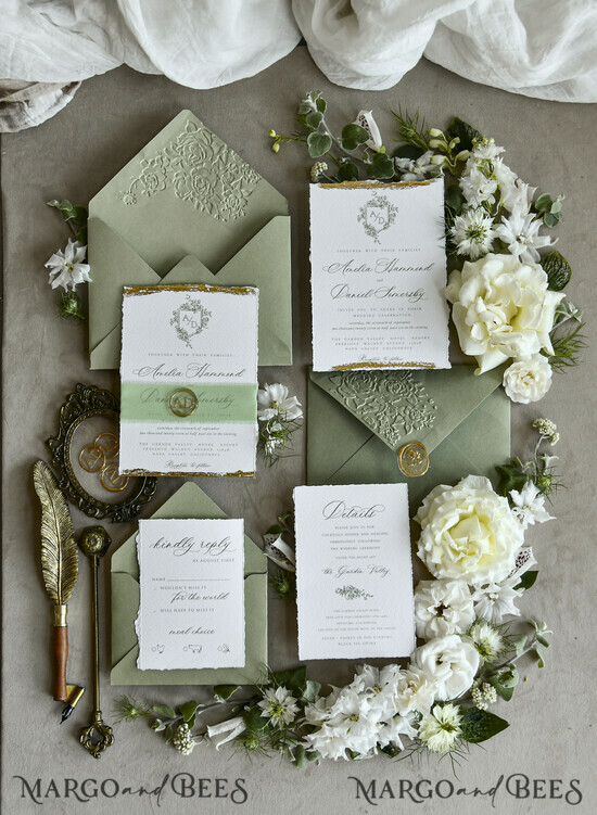 WEDDING INVITATIONS modern calligraphy / fine art Sage Green Fine Art Wedding Invitations – Deckled Edge Invitations with Silk Ribbon, Wax Seal & RSVP Options 04/DEsuH/z