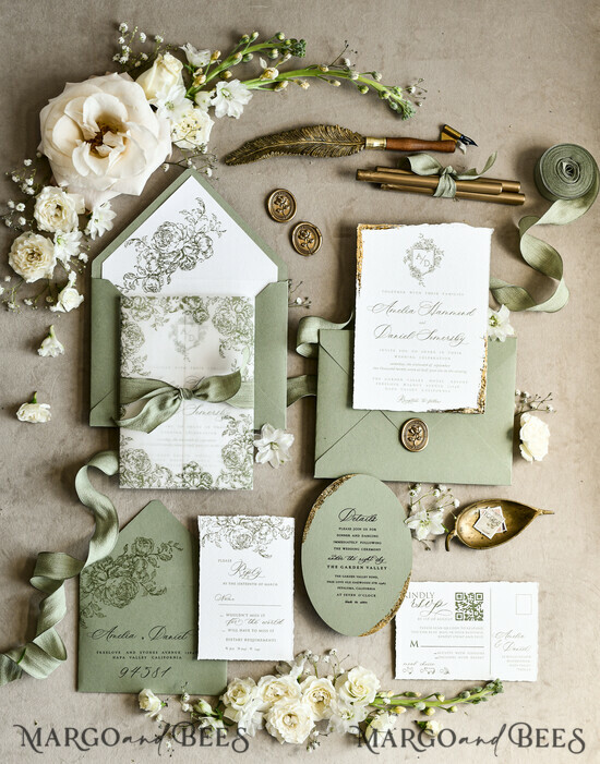 WEDDING INVITATIONS modern calligraphy / fine art Sage Green Fine Art Wedding Invitations – Deckled Edge Invitations with Silk Ribbon, Wax Seal & RSVP Options 02/DEsuH/z