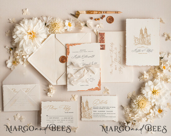 WEDDING INVITATIONS modern calligraphy / fine art Fine Art Ivory Gold Wedding Invitation, Archi Wedding Invitation, Vintage Invitation suite, Custom Wedding Venue invitation suite, Deckled Edge Invites 06/DEsu/z