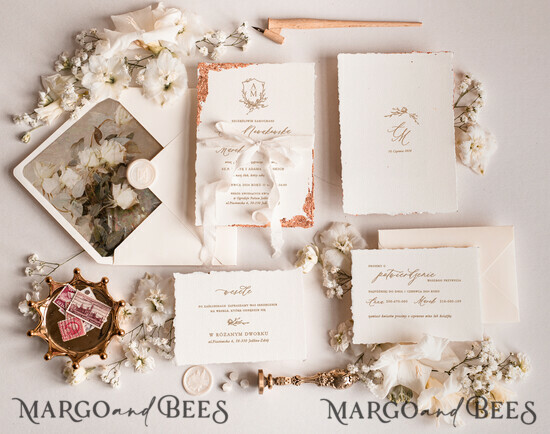 WEDDING INVITATIONS modern calligraphy / fine art Fine Art Ivory Gold Wedding Invitation, Floral Wedding Invitation, Vintage Invitation suite, Emblem Initials wedding invitation suite, Deckled Edge Invites 20/DEsu/z