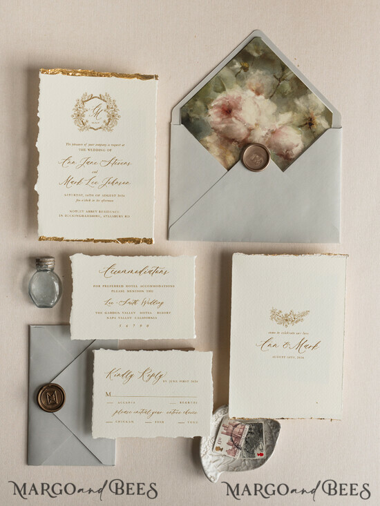 WEDDING INVITATIONS modern calligraphy / fine art Embossed Ivory Gold Wedding Invitation, Floral Wedding Invitation, Tuscany Italian Invitation suite, Wreath Monogram wedding invitation suite, Deckled Edge Invites, Torn Edge Wedding Invitations golden, Fine Art Wedding Invitation Suite, Deckled Edge Paper 13/DEsu/z