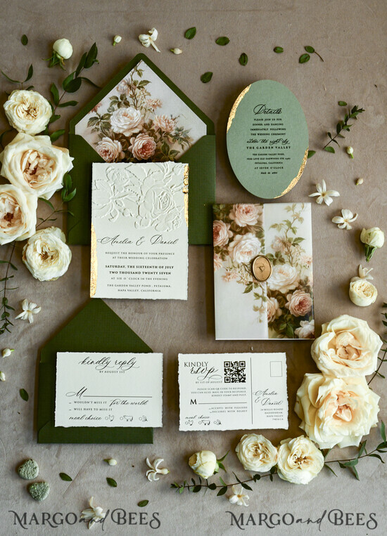 WEDDING INVITATIONS embossed invites  Wedding Invitation, Golden deboss Roses Floral Wedding Invitation,  02/emB/z