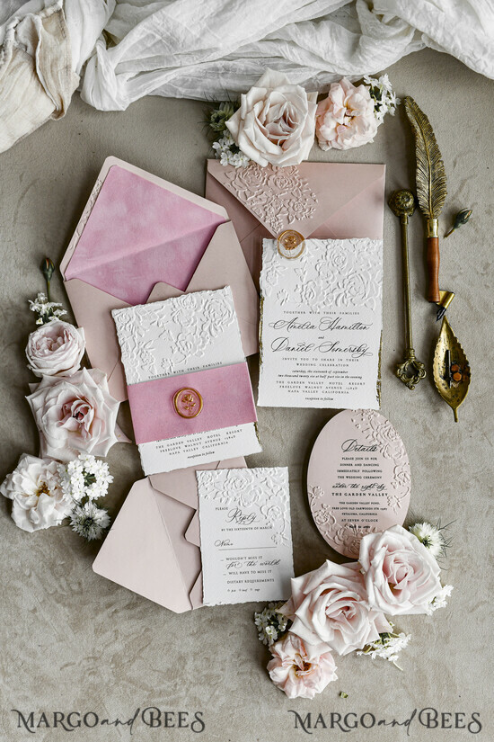 WEDDING INVITATIONS embossed invites Blush Pink Velvet Wedding Invitations – Embossed Floral Invitations with Deckled Edges, Wax Seal & Fine Art Paper 02/emBVevet/z