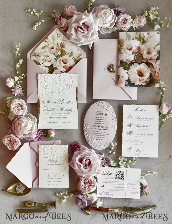 WEDDING INVITATIONS embossed invites Blush Pink Floral Wedding Invitations – Fine Art Invitations with Embossed Details, Floral Envelope Liners 01/emBkalk/z