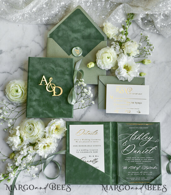 WEDDING INVITATIONS plexi acrylic mirror velvet Cover Clear Wedding Invitations, Elegant sage green Wedding Cards,  Acrylic Wedding Invites, Mirror Gold Plexi Invitation Suite 03/Cvpx/z