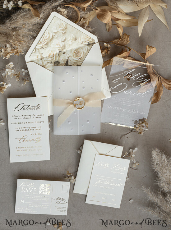 WEDDING INVITATIONS plexi acrylic mirror Ivory Beaded Wrapping Wedding Invitations, Elegant Clear Acrylic Wedding Cards, Plexi Transparent Wedding Invites, Wedding Invitation Suite with Pearls 02/Pearls/z