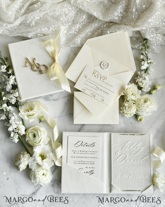 WEDDING INVITATIONS plexi acrylic mirror velvet Cover Clear Wedding Invitations, Elegant Ivory Wedding Cards,  Acrylic Wedding Invites, Mirror Gold Plexi Invitation Suite 02/Cvpx/z