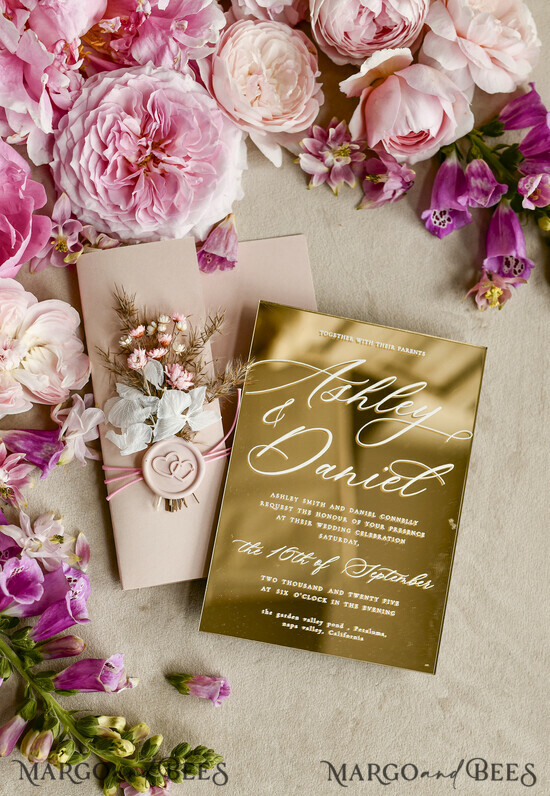 WEDDING INVITATIONS plexi acrylic mirror Gold Mirror Acrylic Wedding Invitations – Luxury Plexiglass Wedding Invitation Suite with Wax Seal & QR RSVP 01a/TbukM/z