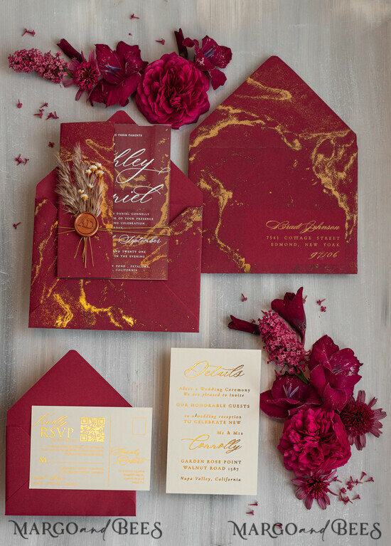 WEDDING INVITATIONS plexi acrylic mirror Burgundy Mirror gold Wedding Invitations, Elegant Marble Wedding Cards, maroon Acrylic Wedding Invites, Pampass Grass Gold Plexi Wedding Invitation Suite 01/TbukMmr/z