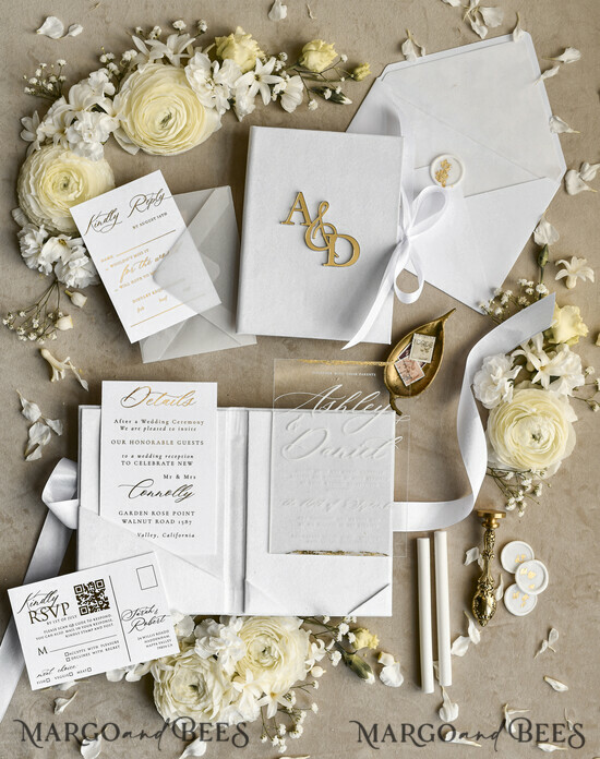 WEDDING INVITATIONS plexi acrylic mirror velvet Cover Clear Wedding Invitations, Elegant Ivory Wedding Cards,  Acrylic Wedding Invites, Mirror Gold Plexi Invitation Suite 04/Cvpx/z