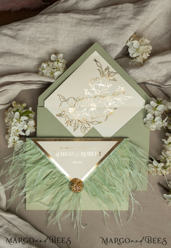 WEDDING INVITATIONS 3 fold wedding invitations  3 fold Luxury sage green Mirror gold Wedding Invitations, Elegant garden Wedding Cards, Glamour Acrylic Monogram Wedding Invites, Mirror Plexi floral Wedding Invitation Suite 01/3fMmP/z