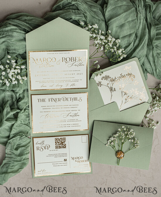WEDDING INVITATIONS 3 fold wedding invitations  3 fold Luxury sage green golden Wedding Invitations, Elegant garden Wedding Cards, Baby Breath Bouquet Gypsophila Wedding Invites, Natutal floral Wedding Invitation Suite 03/3fMBB/z
