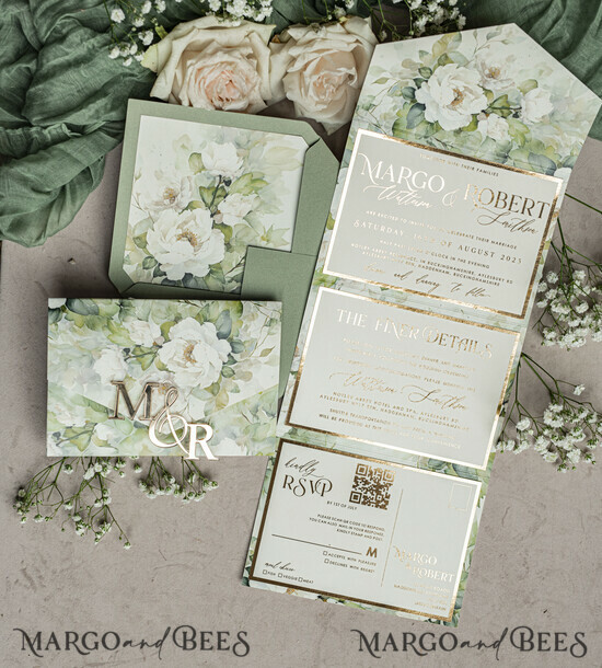 WEDDING INVITATIONS 3 fold wedding invitations  3 fold Luxury sage green Mirror gold Wedding Invitations, Elegant garden Wedding Cards, Glamour Acrylic Monogram Wedding Invites, Mirror Plexi floral Wedding Invitation Suite 03/3fMm/z