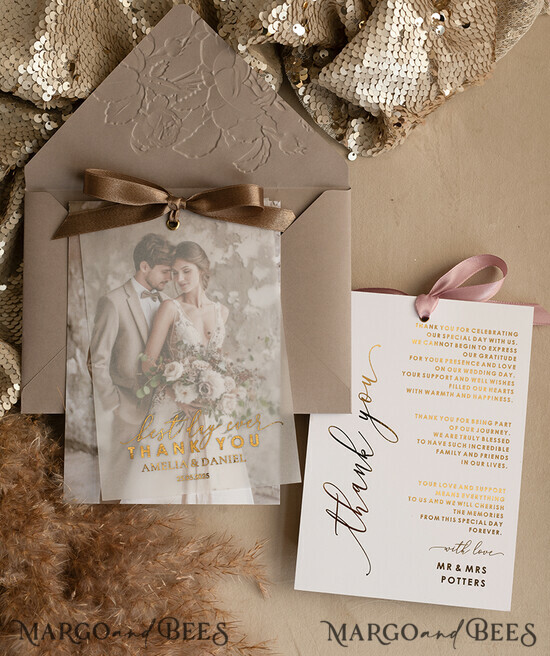 THANK YOU CARDS photo gold vellum plexi Printed vellum Wedding Photo Thank You Cards, Modern Wedding Thank You Cards with Photo, Minimalist Thank You Cards Wedding 09/VelMgld/Thcard