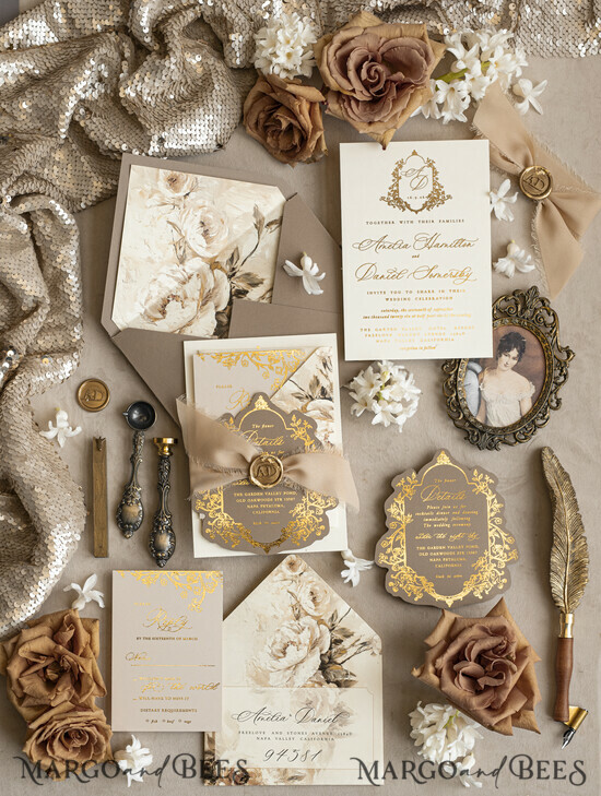 WEDDING INVITATIONS Vintage Baroque Vintage Baroque Wedding Invitation suite  Beige Golden Fine art Roses Wedding Invitations with rsvp Victorian wedding crest Chinoiserie Invites Royal Ornamental frame 09/BRque/z25