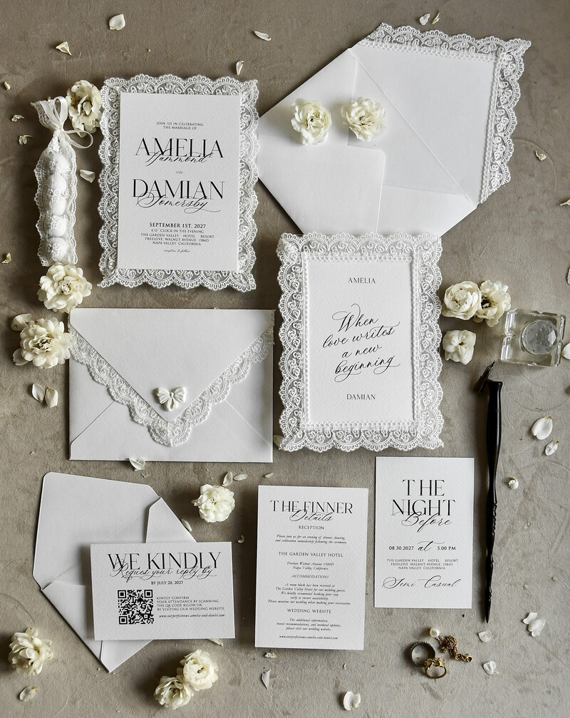 WEDDING INVITATIONS vintage lace/ rustic lace Personalized Golden Wedding invitations Vintage Lace Invites off white