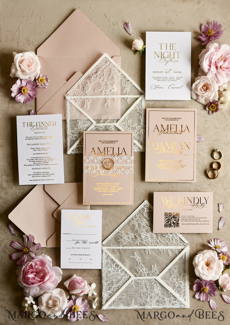 WEDDING INVITATIONS vintage lace/ rustic lace Lace Wedding Invitations with Double Envelope Blush& Gold Wedding Invitation Suite