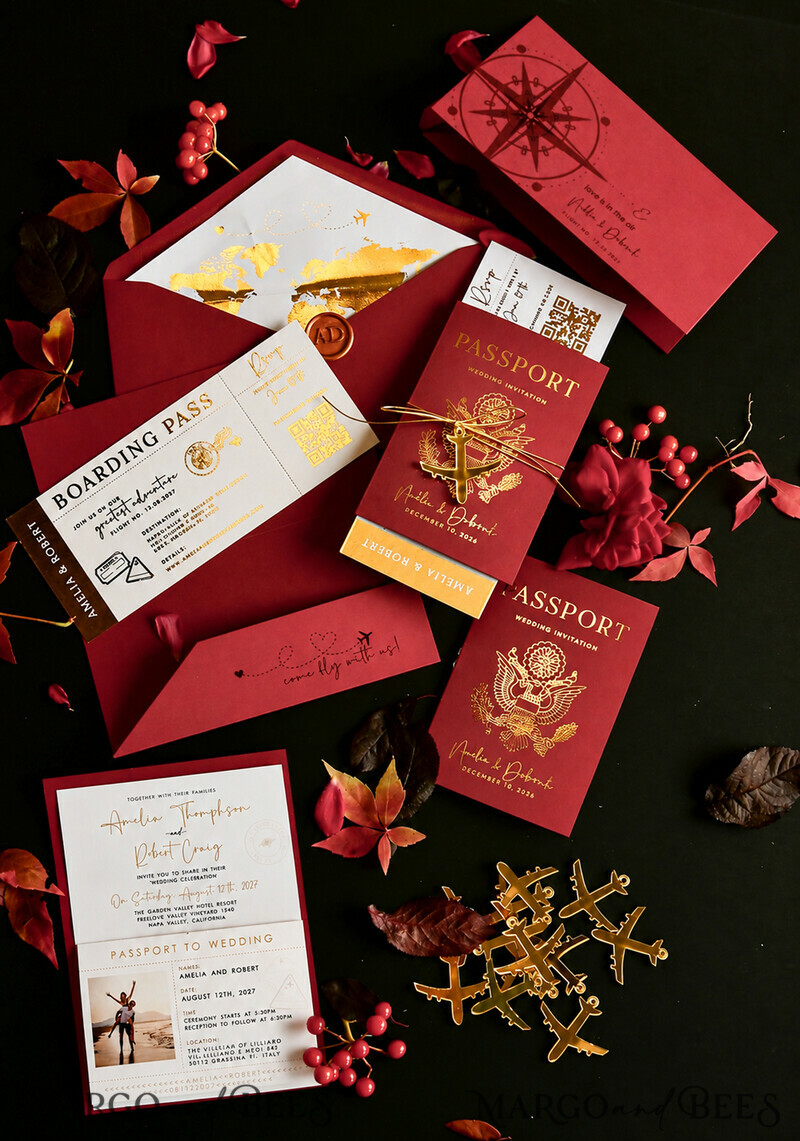 WEDDING INVITATIONS passport to love/ beach wedding invites  crimson Burgundy Passport Wedding Invitation, Golden Wedding Cards Boarding Pass, Bespoke Travel Passport Wedding Invitations Abroad, Destination Greece Wedding Invites, 