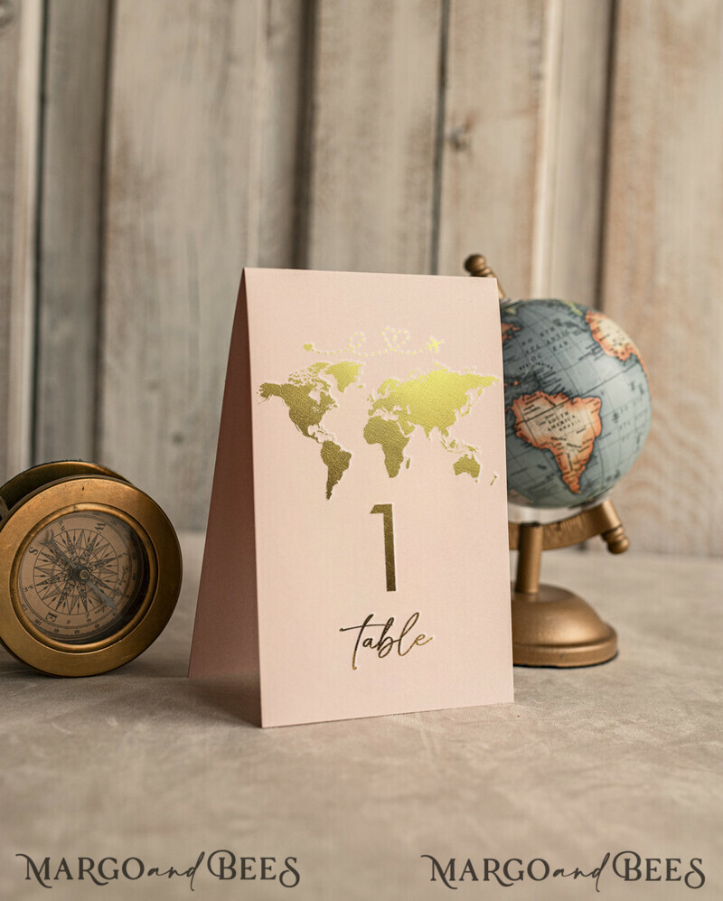 TABLE DECOR SIGNS Beach/marine/ Destionation Wedding Theme Gold Travel Passport Wedding Table Number – blush pink  Luxury Tent Card, ivory wedding stationery, tent table numbers