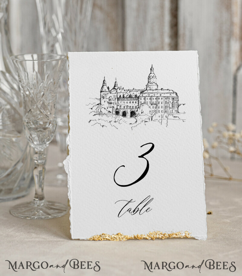TABLE DECOR SIGNS glitter Elegant Venue sketch Table Number, Hand Torn Edge with gold foil border Wedding Table Number – Luxury Ivory Tent Card