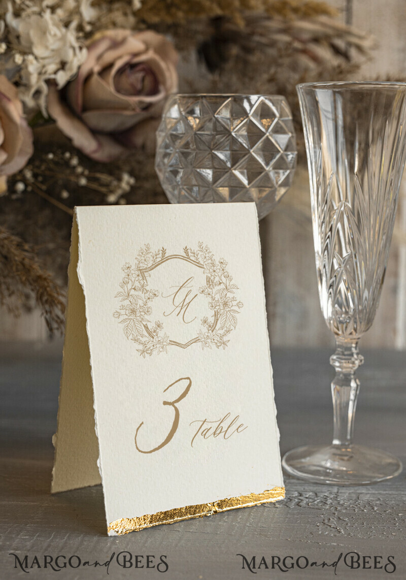 TABLE DECOR SIGNS glitter Elegant Hand Torn Edge with gold foil border Wedding Table Number – Luxury Ivory Tent Card