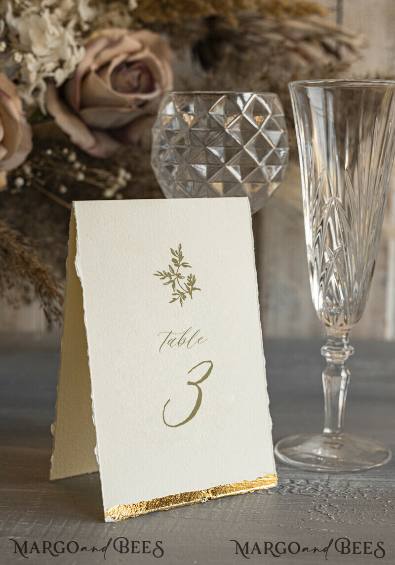 TABLE DECOR SIGNS glitter Elegant Hand Torn Edge with gold foil border Wedding Table Number – Luxury Ivory Tent Card