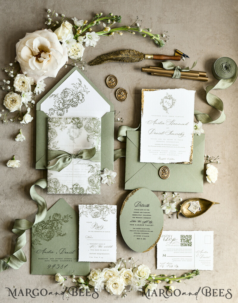 WEDDING INVITATIONS modern calligraphy / fine art Sage Green Fine Art Wedding Invitations – Deckled Edge Invitations with Silk Ribbon, Wax Seal & RSVP Options