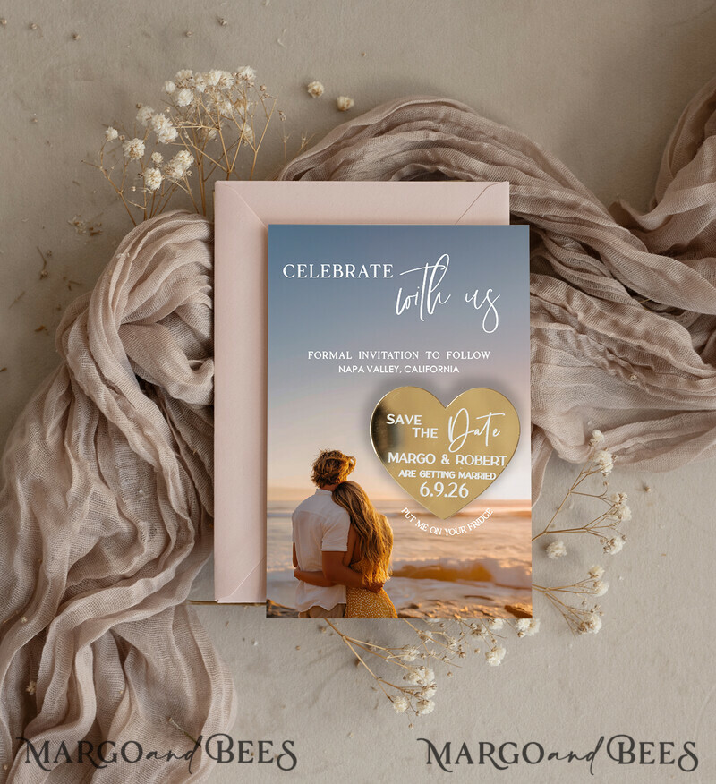 SAVE THE DATES photo magnets Personalised Photo Travel Save the Date Heart Gold Acryl Magnet and Card, Wedding Photo Save The Dates  Magnets, Photo Save The Date Cards