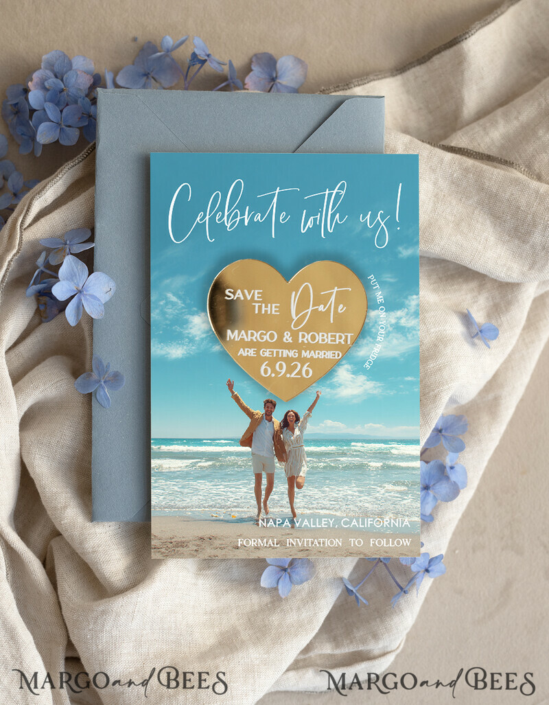SAVE THE DATES photo magnets Personalised Photo Travel Save the Date Heart Gold Acryl Magnet and Card, Wedding Photo Save The Dates  Magnets, Photo Save The Date Cards