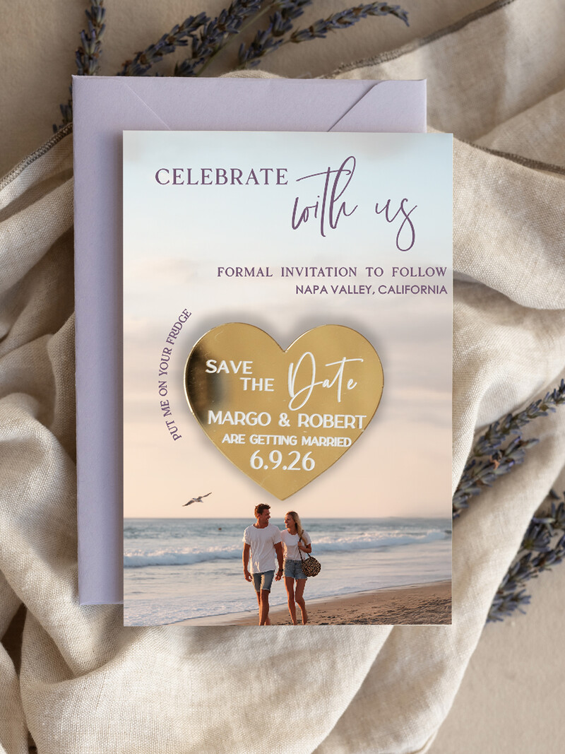 SAVE THE DATES photo magnets Personalised Photo Travel Save the Date Heart Gold Acryl Magnet and Card, Wedding Photo Save The Dates  Magnets, Photo Save The Date Cards