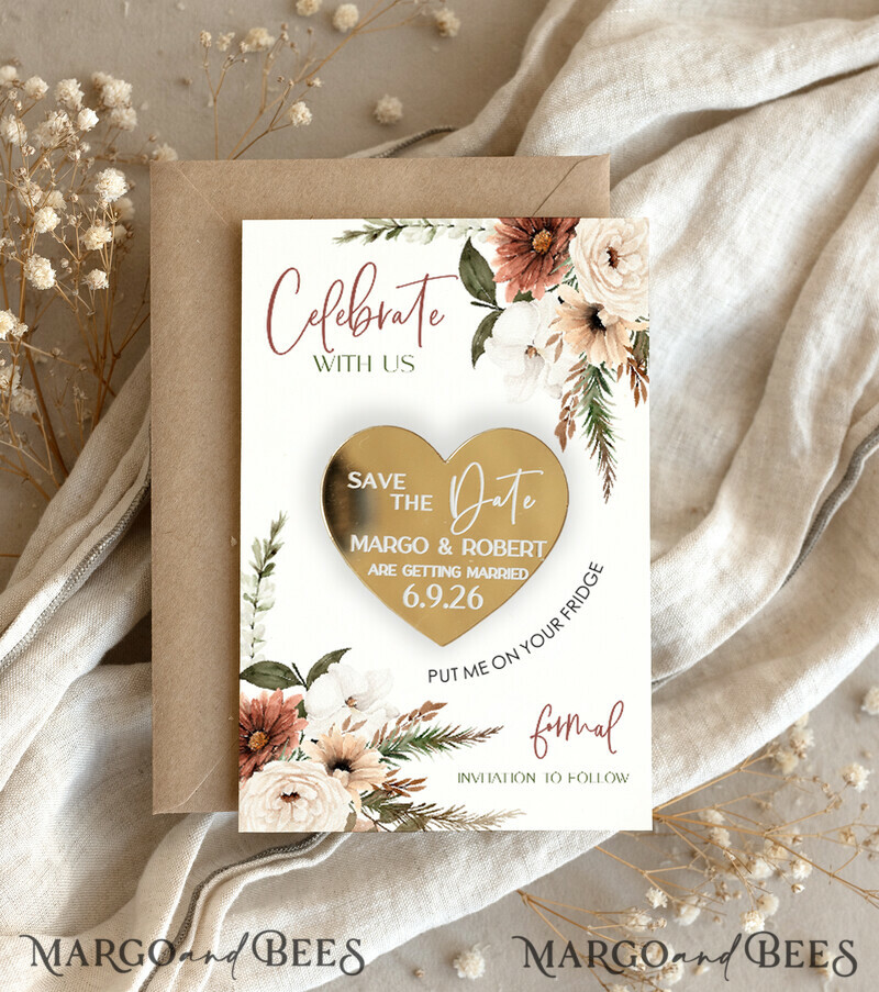 SAVE THE DATES acrylic gold magnets Personalised Gold Acrylic Save the Date Magnet and Boho Card, Gold Wedding Save The Dates Plexi Magnets, Wedding Boho Save The Date Cards