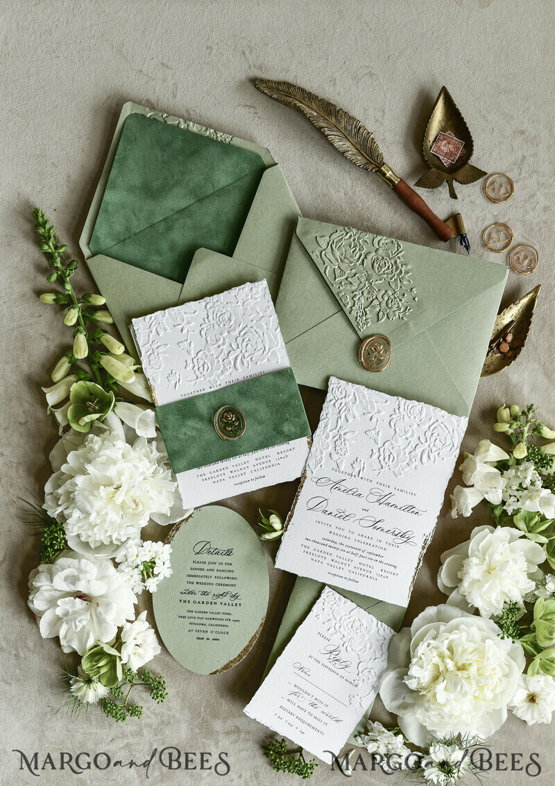 WEDDING INVITATIONS embossed invites  Bespoke Embossed Blind Sage green Gold Wedding Invitation, Golden greenery deboss Roses Floral Wedding Invitation, Boho Ecru Garden Debossed Invitation suite,  Cotton paper wedding invitation suite, Deckled Edge Invites, Torn Edge Wedding Invitations golden