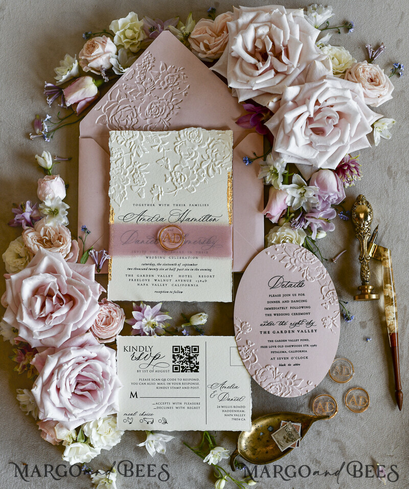 WEDDING INVITATIONS embossed invites Blush Pink Wedding Invitations – Embossed Floral Invitations with Chiffon Ribbon, Deckled Edges, Wax Seal