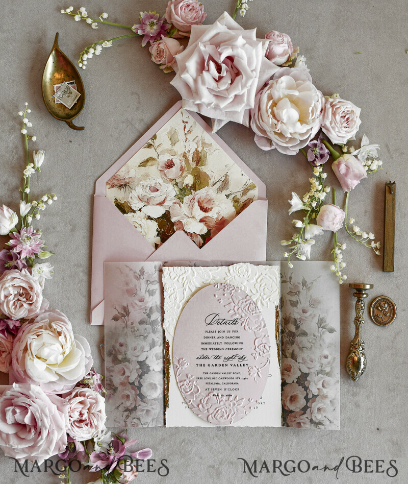 WEDDING INVITATIONS embossed invites Blush Pink Floral Wedding Invitations – Fine Art Invitations with Embossed Details, Floral Envelope Liners