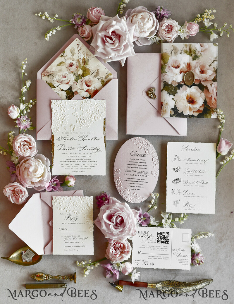 WEDDING INVITATIONS embossed invites Blush Pink Floral Wedding Invitations – Fine Art Invitations with Embossed Details, Floral Envelope Liners