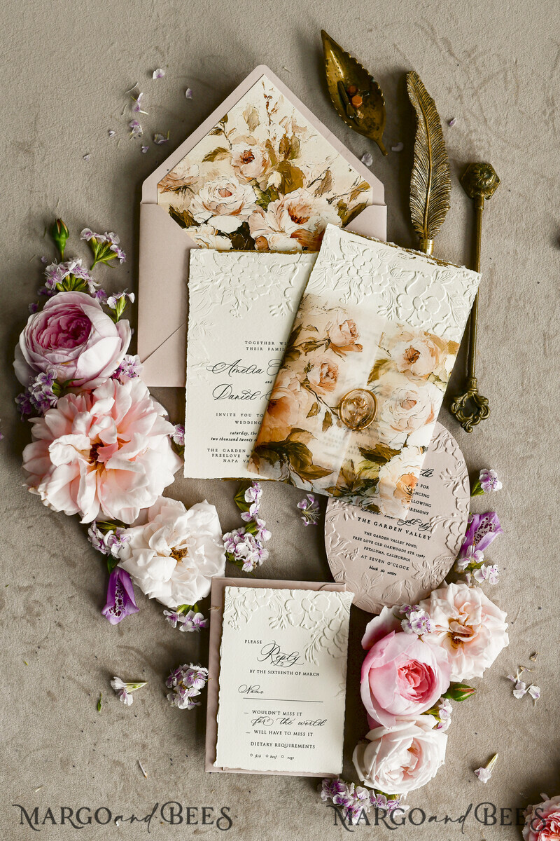 WEDDING INVITATIONS embossed invites Blush Pink Velvet Wedding Invitations – Embossed Floral Invitations with Deckled Edges, Wax Seal & Fine Art Paper