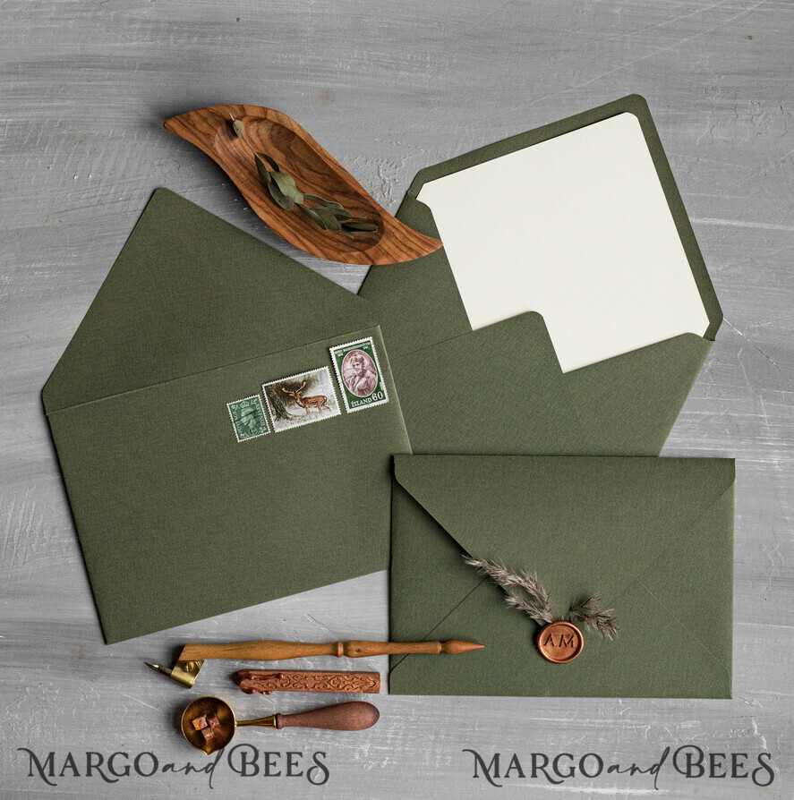 WEDDING INVITATIONS Velvet Envelopes  Olive Handmade envelopes with Liner for invitations, handmade Craft Envelopes for Wedding cards