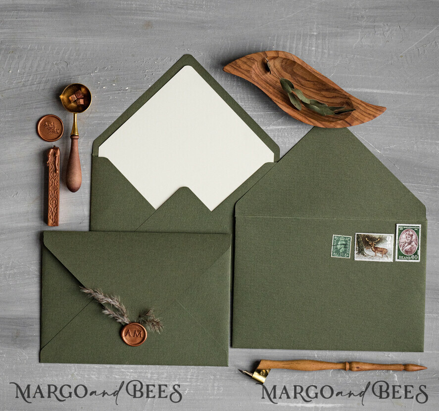 WEDDING INVITATIONS Velvet Envelopes  Olive Handmade envelopes with Liner for invitations, handmade Craft Envelopes for Wedding cards