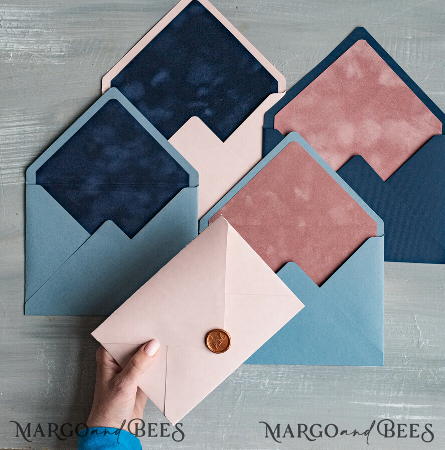 WEDDING INVITATIONS Velvet Envelopes  custom mix colors envelopes for invitations with velvet liners, a7 handmade  Envelopes with velvet liner for Wedding cards