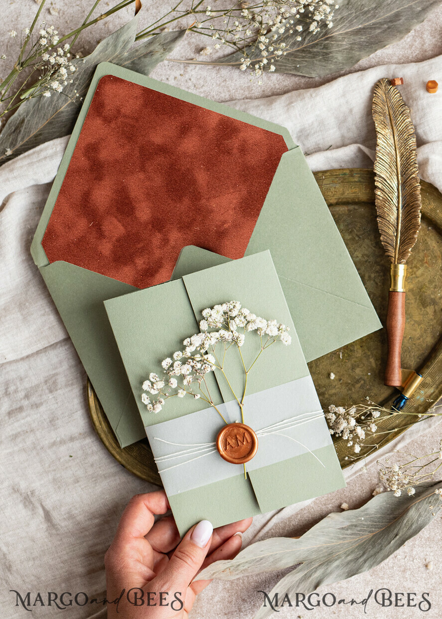 WEDDING INVITATIONS rustic / country / shabby chick Terracotta Sage green wedding inviation set, Natural baby breath flowers wedding invitations suite Minimalistic Modern Boho Garden Wedding Invites