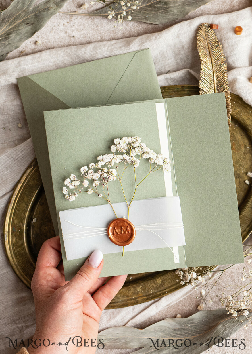 WEDDING INVITATIONS rustic / country / shabby chick Terracotta Sage green wedding inviation set, Natural baby breath flowers wedding invitations suite Minimalistic Modern Boho Garden Wedding Invites