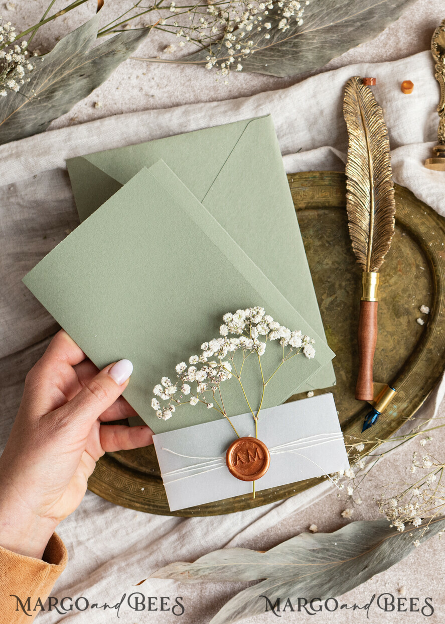 WEDDING INVITATIONS rustic / country / shabby chick Terracotta Sage green wedding inviation set, Natural baby breath flowers wedding invitations suite Minimalistic Modern Boho Garden Wedding Invites