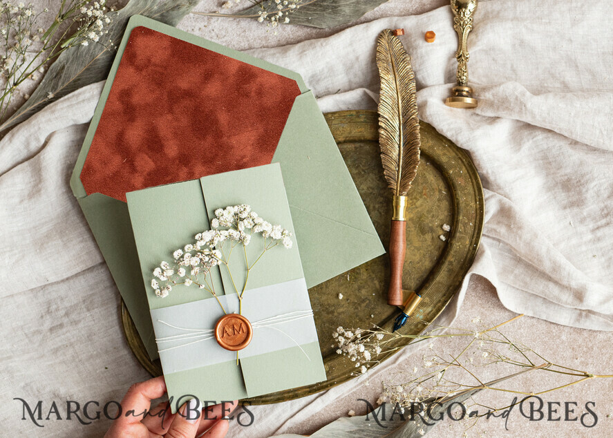 WEDDING INVITATIONS rustic / country / shabby chick Terracotta Sage green wedding inviation set, Natural baby breath flowers wedding invitations suite Minimalistic Modern Boho Garden Wedding Invites