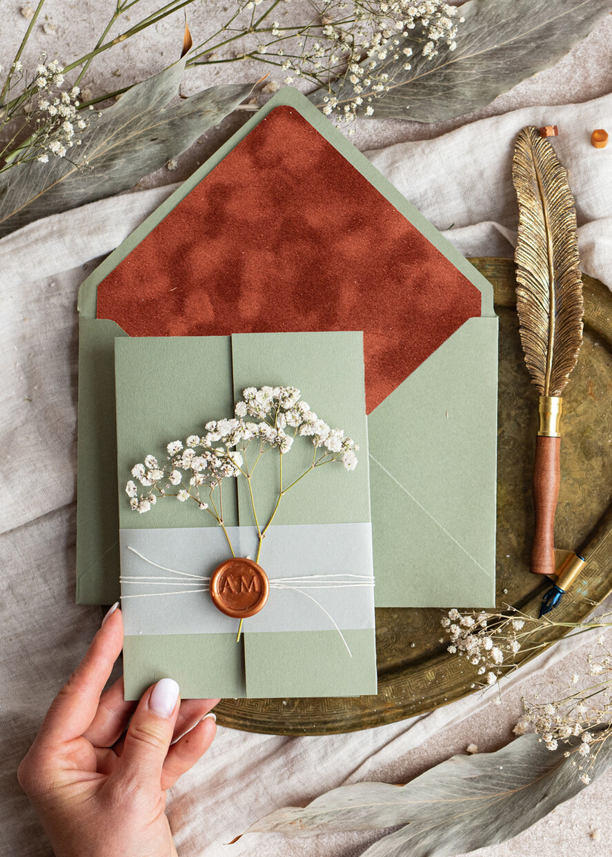 WEDDING INVITATIONS rustic / country / shabby chick Terracotta Sage green wedding inviation set, Natural baby breath flowers wedding invitations suite Minimalistic Modern Boho Garden Wedding Invites