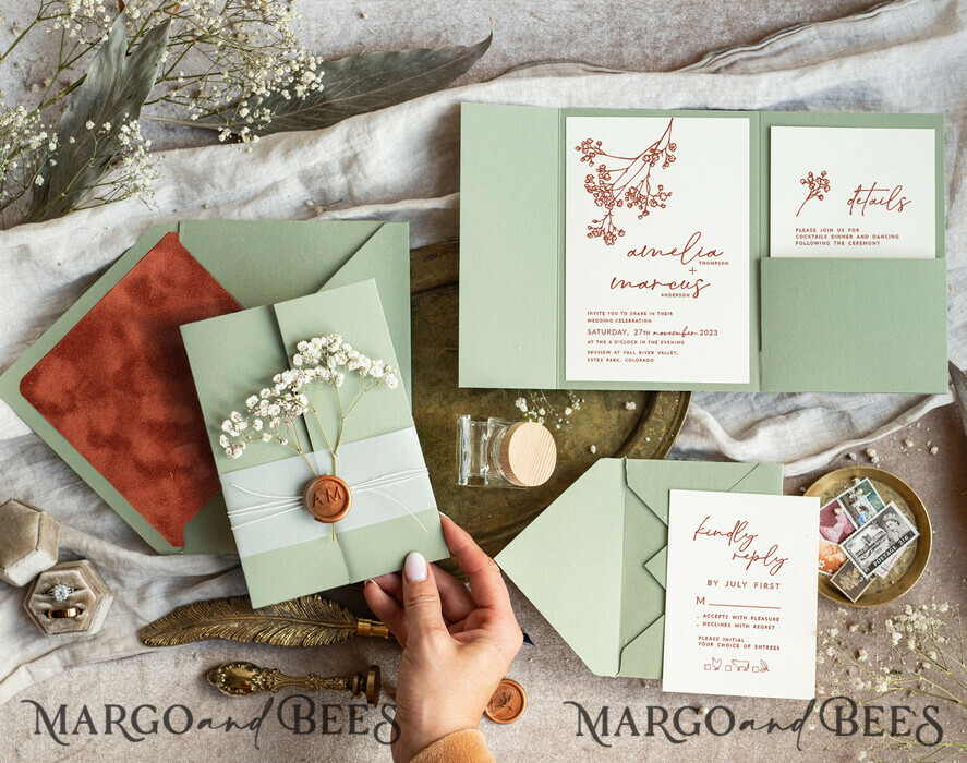 WEDDING INVITATIONS rustic / country / shabby chick Terracotta Sage green wedding inviation set, Natural baby breath flowers wedding invitations suite Minimalistic Modern Boho Garden Wedding Invites