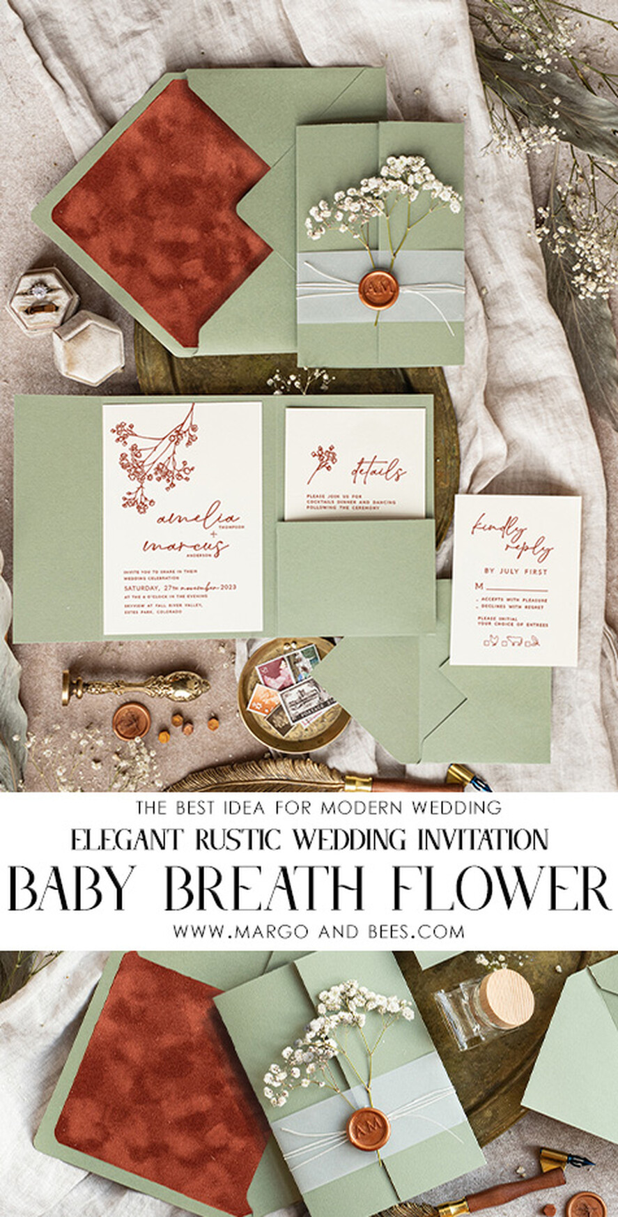 WEDDING INVITATIONS rustic / country / shabby chick Terracotta Sage green wedding inviation set, Natural baby breath flowers wedding invitations suite Minimalistic Modern Boho Garden Wedding Invites